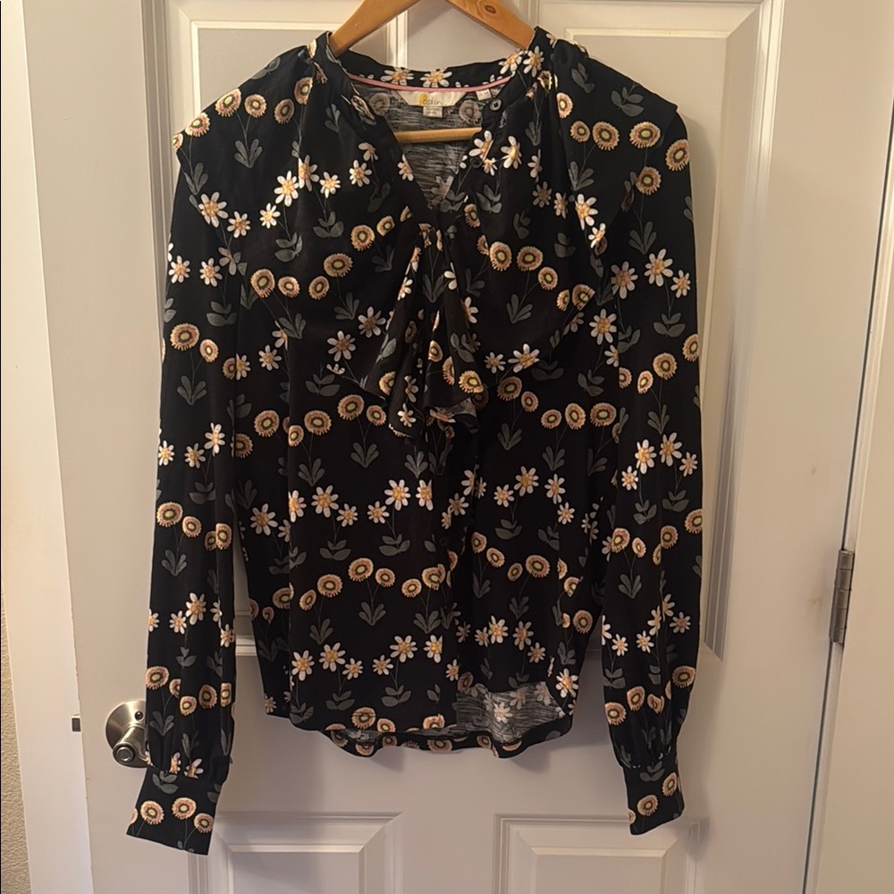 Boden Floral Black Blouse with Ruffle